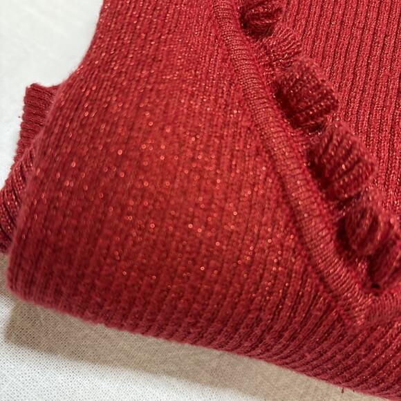Y2K Vintage Liz Claiborne Red Shimmer Ruffle Trim Holiday Sweater L - Picture 1 of 13